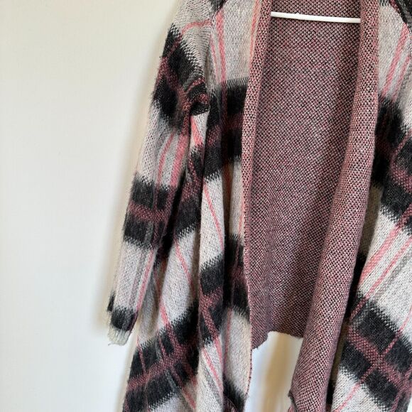 LUCKY BRAND Women MEDIUM Pink Wool Mohair Blend Brush Plaid Open Front Cardigan - Picture 4 of 14